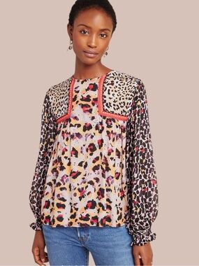 Anthropologie Bl^nk London Joelle Leopard Peasant Blouse size XS